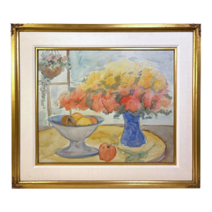 Contemporary 1970s Impressionist Still Life Painting Flower Vase & Fruit Bowl