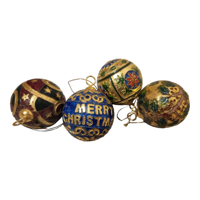 Vintage Champleve Cloisonne Christmas Ornaments Set of 4 For Sale