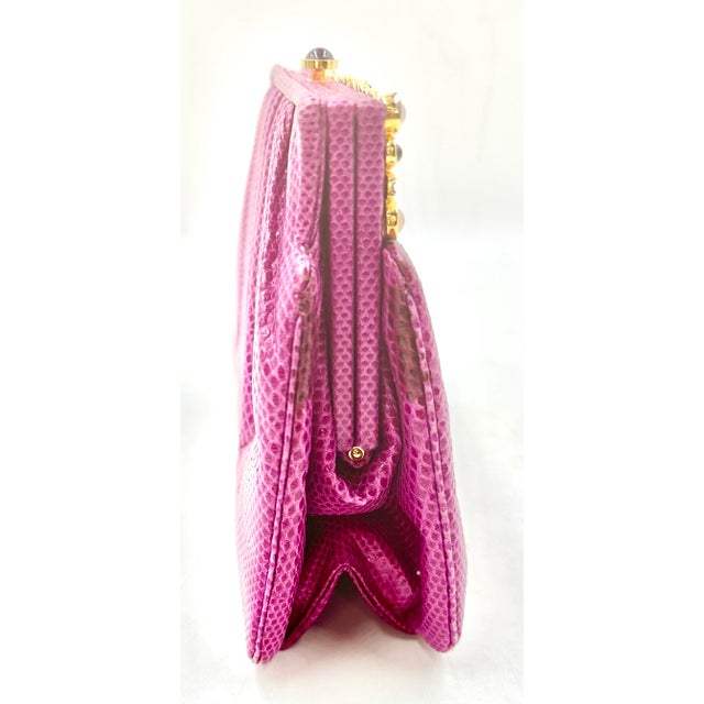 Hot Pink 1990s Judith Leiber Karung SnakeSkin Fuschia Pink Handbag Pink Gemstones Clutch Shoulder Day Vintage For Sale - Image 8 of 12