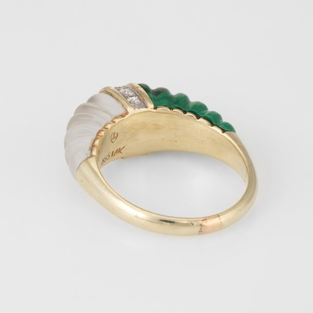 Fluted Rock Crystal Malachite Diamond Dome Ring Vintage 14k Yellow Gold Estate For Sale In Los Angeles - Image 6 of 6