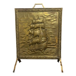 Vintage Fireplace Screen With Embossed Sailing Ship For Sale