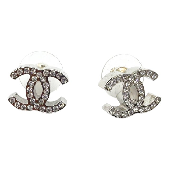 Chanel Brand New Silver Classic CC Crystal Piercing Earrings, Pair For Sale
