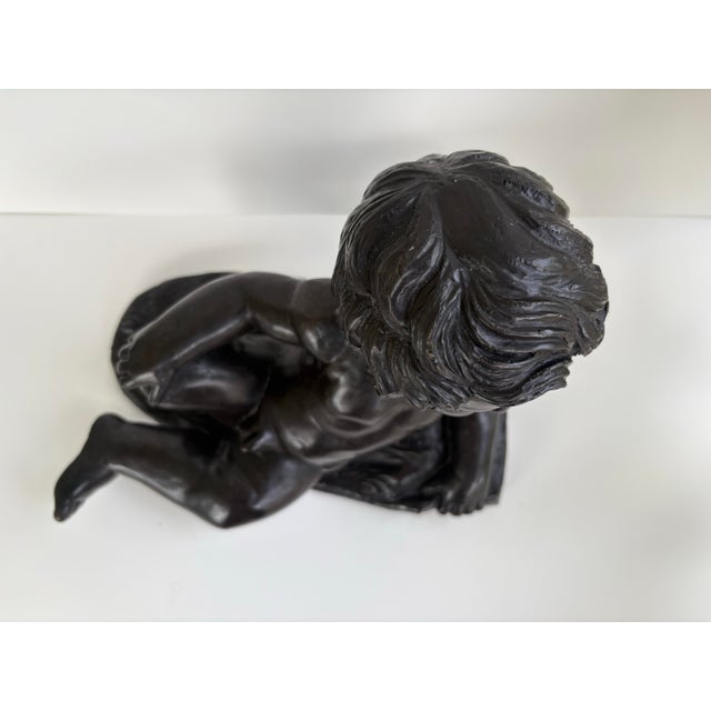 1990s Vintage Bronze Finish Reclining Cherub Sculpture on Textured Base For Sale - Image 5 of 7