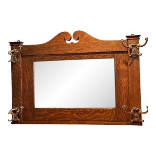 Antique Tiger Oak Hall Mirror With Ornate Coat Hooks For Sale