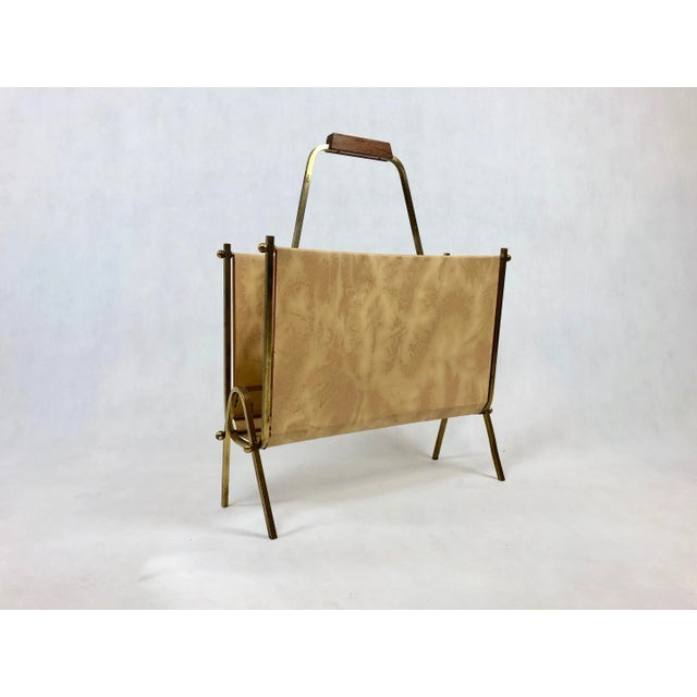 Beige Vintage Brass & Vinyl Magazine Rack, 1970s For Sale - Image 8 of 12