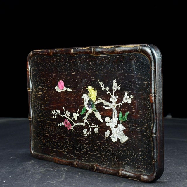 Vintage Zitan Wood Tray With Mother-of-Pearl "Magpie on Plum" Inlay For Sale - Image 4 of 9