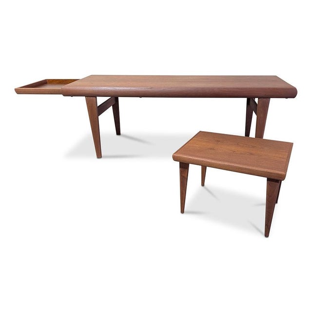 1950s Attributed to Johannes Andersen Teak Coffee Table w Hidden Side Table and Drawer - 102521 For Sale - Image 4 of 8