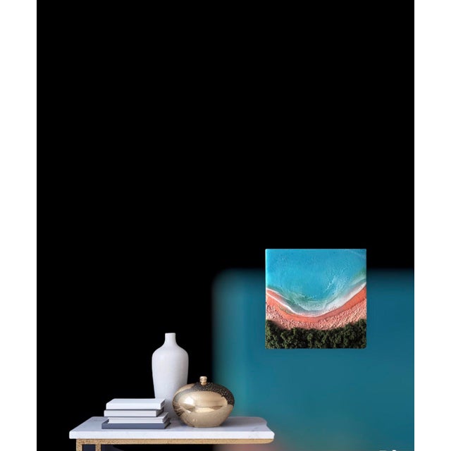 Contemporary Here on the beach #6 by Ana Hefco | Mixed Media on Wood Beach scene with blue water and sandy shore. For Sale - Image 3 of 3