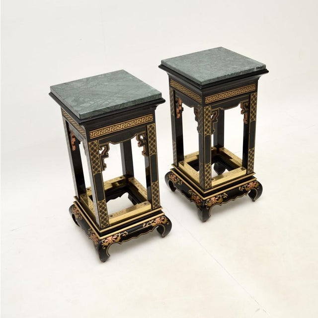 Antique Lacquered Chinoiserie Side Tables with Marble Top, 1950, Set of 2 For Sale - Image 3 of 10