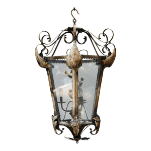 XL Vintage Tole Hanging Lantern W/ Floral Accents