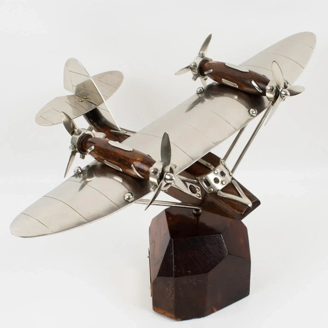 Art Deco French Art Deco Wood and Chrome Airplane SeaPlane Aviation Model, 1940s For Sale - Image 3 of 12
