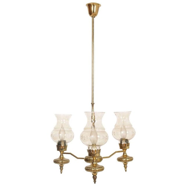 Art Deco Golden Brass and Murano Glass Chandelier with Three Lights, 1930s For Sale