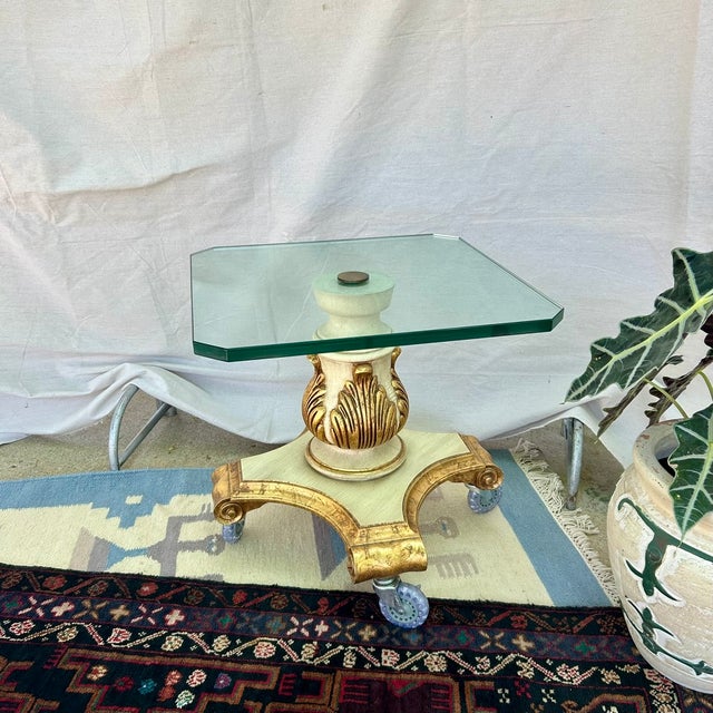Vintage Neoclassical Style Carved Pedestal Accent Table With 3/4" Glass Top on in-Line Wheels For Sale - Image 4 of 9