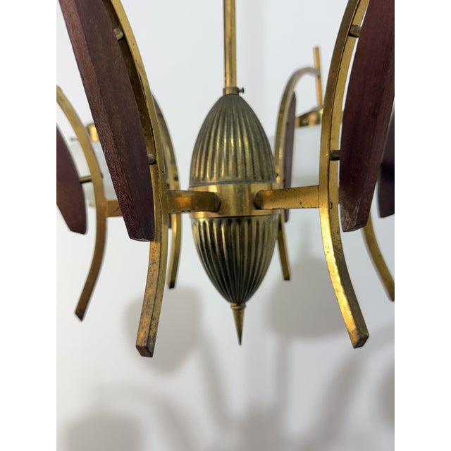 6-Light Chandelier in Brass, Wood and Opal Glass in the style of Stilnovo, 1950 For Sale - Image 10 of 11