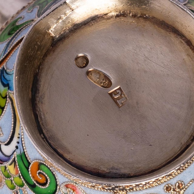 Art Nouveau Antique Imperial Russian Solid Silver Gilt Cloisonne Enamel Kovsh Moscow 1908 For Sale - Image 3 of 11