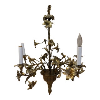 Vintage Hans Kögl Style Brass Lily Floral Chandelier, 3-Light, Hollywood Regency, Italian Florentine, 1970s For Sale