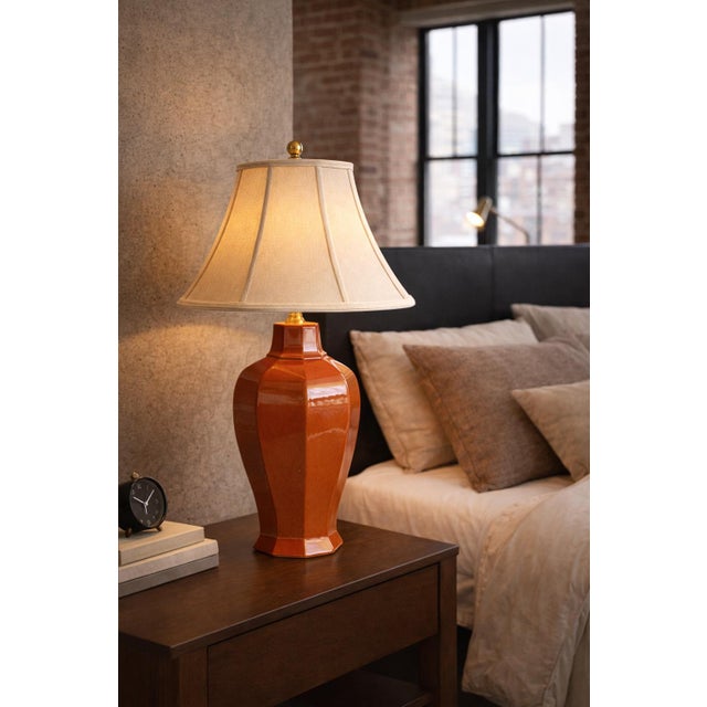 Late 20th Century Faceted Terracotta Glaze Architectural Table Lamp With Original Shade For Sale In Los Angeles - Image 6 of 12