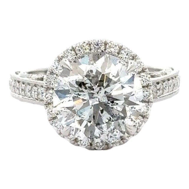 4.53 Carat Round Cut Diamond 18k White Floral Halo Engagement Ring For Sale