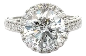 4.53 Carat Round Cut Diamond 18k White Floral Halo Engagement Ring