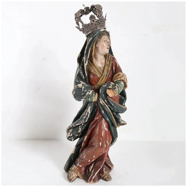 Blue French Painted Wood, Silver and Sapphire Crowned Madonna Figure For Sale - Image 8 of 12
