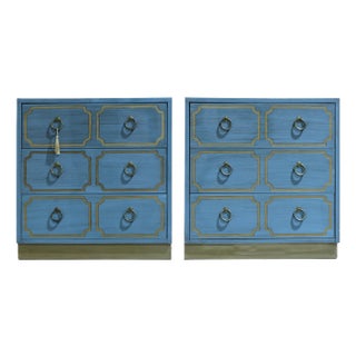Vintage Hollywood Regency Draper Espana Style Bunching Chests in Blue - A Pair For Sale
