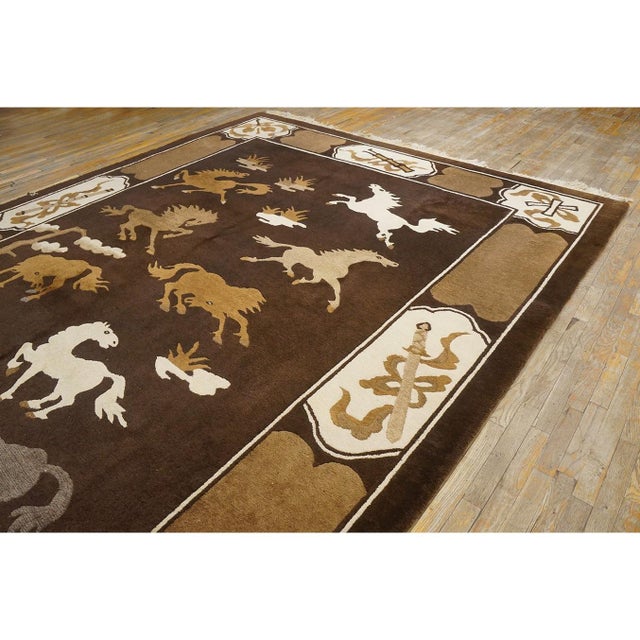 1930s Brown Horse Pattern Antique Chinese Mongolian Wool Animal Rug For Sale - Image 4 of 8