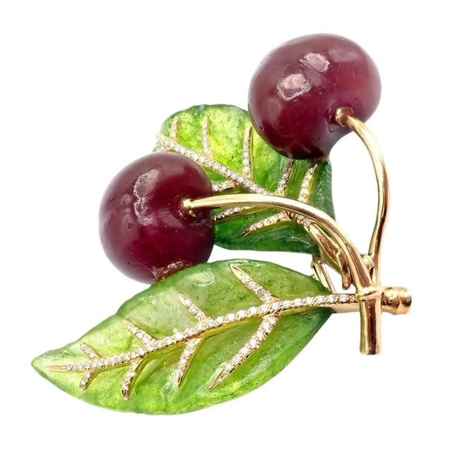 Contemporary Vintage Tiffany & Co. France Diamond Plique a Jour Glass Cherries Gold Brooch For Sale - Image 3 of 11