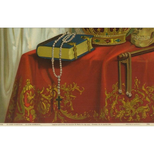 German Devotional Press, St. Aloysius Gonzaga with Crown, Skull and Crucifix, 1899, Chromolithograph on Paper For Sale - Image 4 of 10