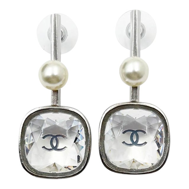 Chanel Silver CC Princess Crystal Geo Pearl Large Drop Piercing Earrings - 2 Pieces For Sale