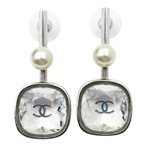 Chanel Silver CC Princess Crystal Geo Pearl Large Drop Piercing Earrings - 2 Pieces