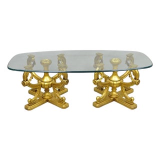 Vintage Italian Hollywood Regency Gold Gilt Metal Double Pedestal Coffee Table For Sale