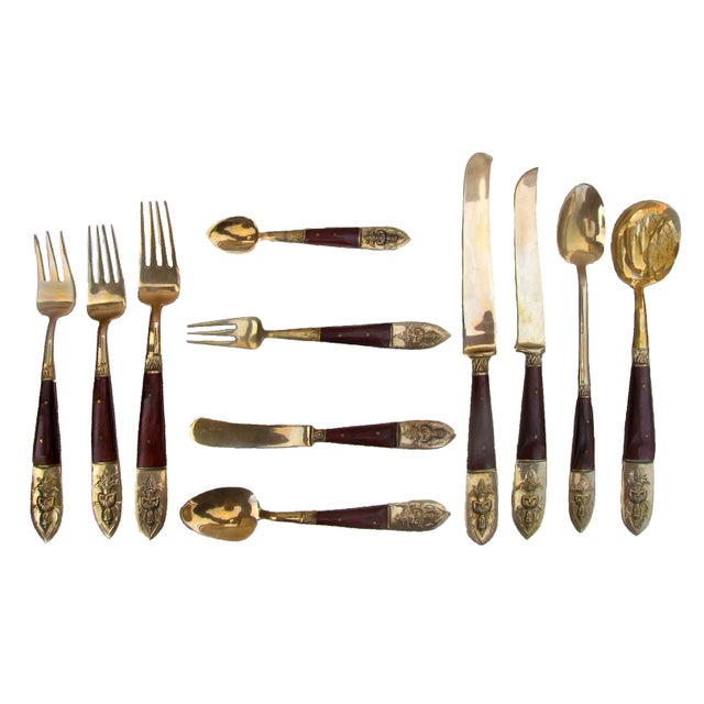1950s Thai / Siam Brass Wood Flatware & Serving Pieces, 12 Place