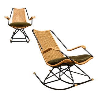 Brazilian Modern Rocking Chair in Metal, Wicker & Green Mohair by Carlo Hauner, 1950s For Sale