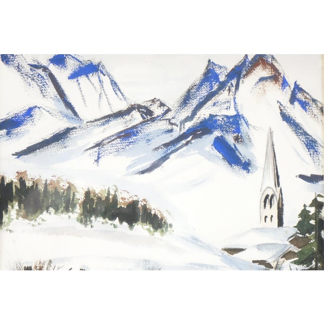 This captivating original watercolor on paper presents a sweeping alpine winter scene filled with expression and motion....
