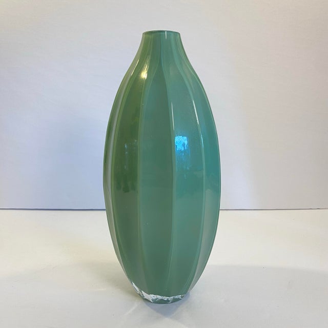 Mid 20th Century Vintage Art Deco Green Glass Oblong Fluted Vase For Sale - Image 5 of 5