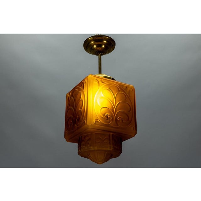French Art Deco Pendant Light in Molded Amber Glass & Brass, 1930s For Sale - Image 9 of 18
