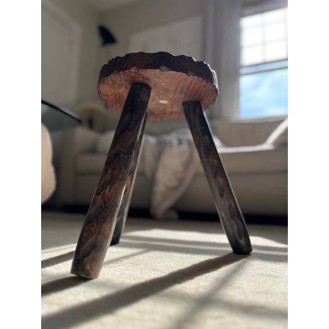 Brutalist Mid 20th Century Vintage Handcrafted Brutalist Wooden Tripod Stool For Sale - Image 3 of 10