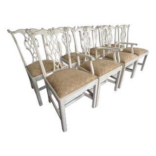Set of 8 Hickory Chair Chippendale Dining Chairs From Mount Vernon Collection Custom Painted in Cream White For Sale