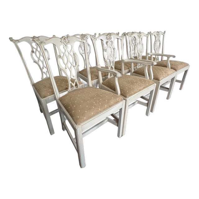 Set of 8 Hickory Chair Chippendale Dining Chairs From Mount Vernon Collection Custom Painted in Cream White For Sale