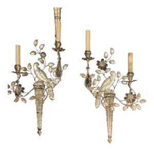 1930's French Silver Plated Sconces With Crystal Birds - Pair