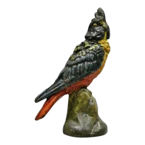 Antique Cast Iron Hand Painted Cockatoo Parrot Figurine Doorstop