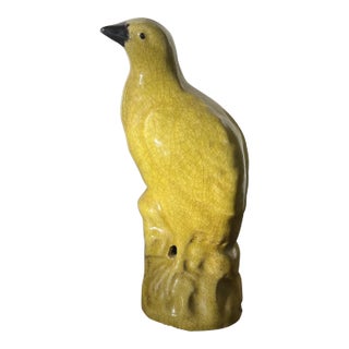 Antique 19th Century Chinese Export Porcelain Bird Figure of a Quail or Dove in Bright Yellow Glaze Standing on Rock Work For Sale