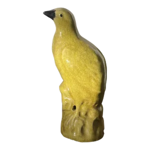 Antique 19th Century Chinese Export Porcelain Bird Figure of a Quail or Dove in Bright Yellow Glaze Standing on Rock Work
