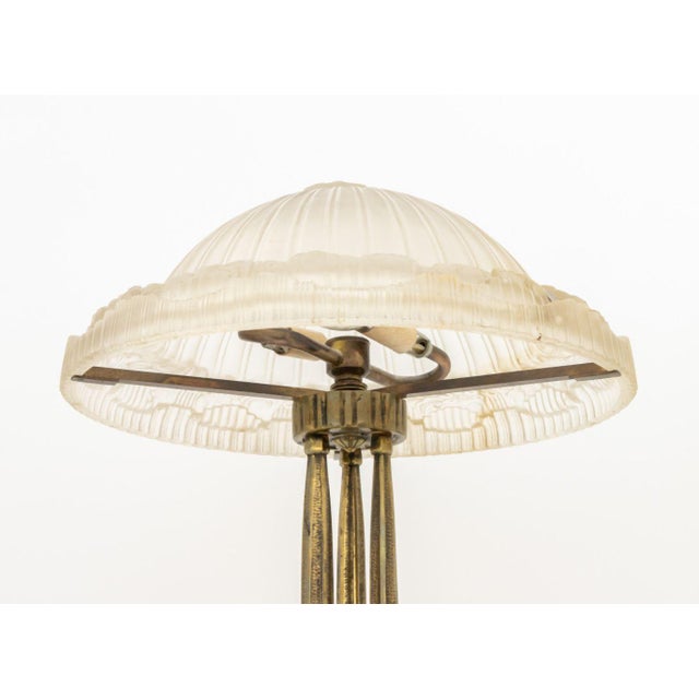Late 20th Century Art Deco Signed Frosted Glass and Brass Table Lamp For Sale - Image 5 of 9