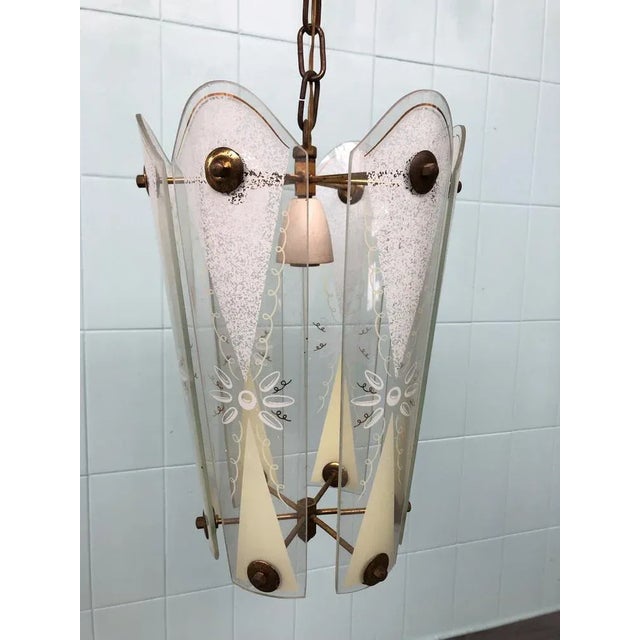 Metal Vintage Suspension Chandelier in Brass and with Decorated Glass Lampshades, Italy, 1950s For Sale - Image 7 of 12