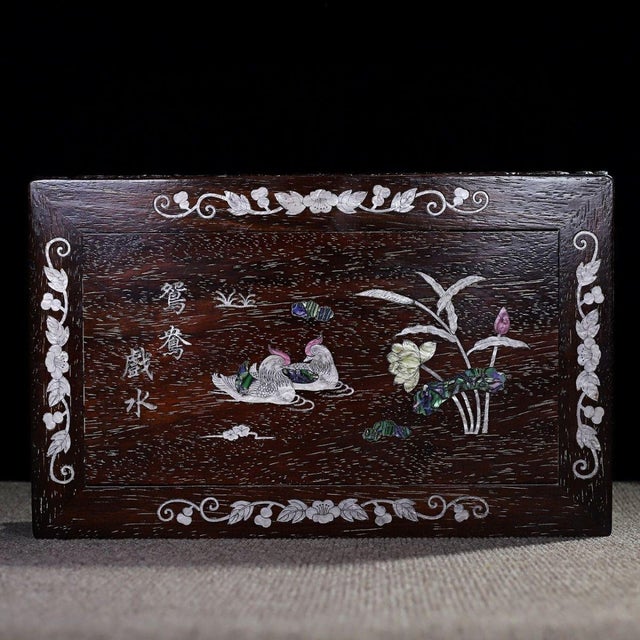 1990s Vintage Rosewood Low Kang Table With Mother-of-Pearl Inlay of Mandarin Ducks For Sale - Image 5 of 9
