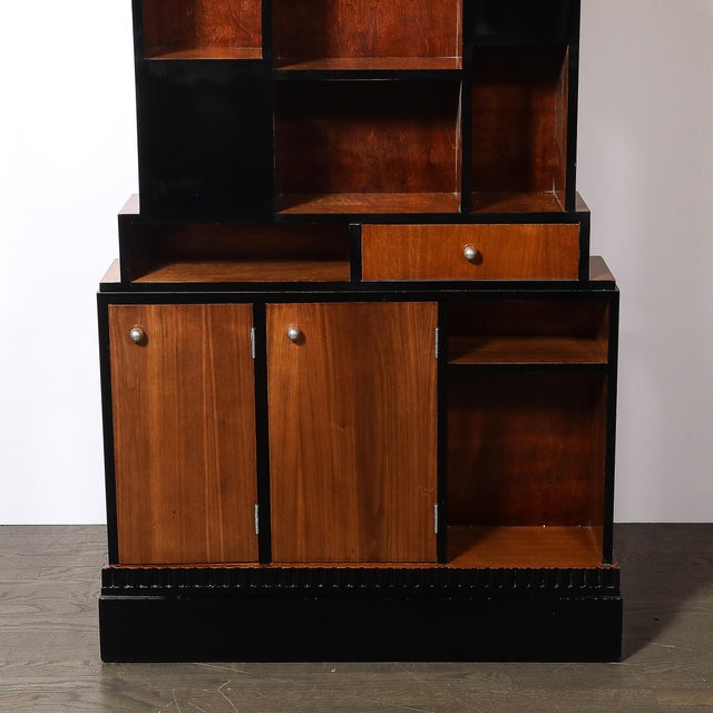 Art Deco 1930s Art Deco Walnut & Black Lacquer Skyscraper Style Bookshelf With Chrome Pulls For Sale - Image 3 of 12