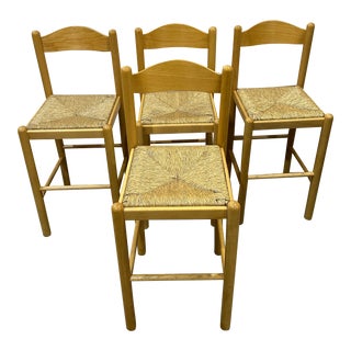 1970’s Four Carimate Style Oak & Woven Rush Seats Barstools For Sale