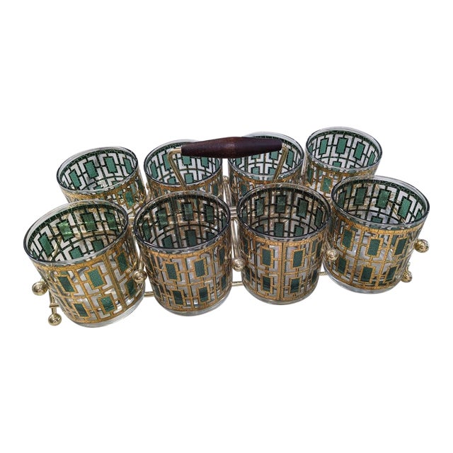 Mid-Century Emerald & Gold Tumbler Glasses With Carrier- 9 Pieces For Sale