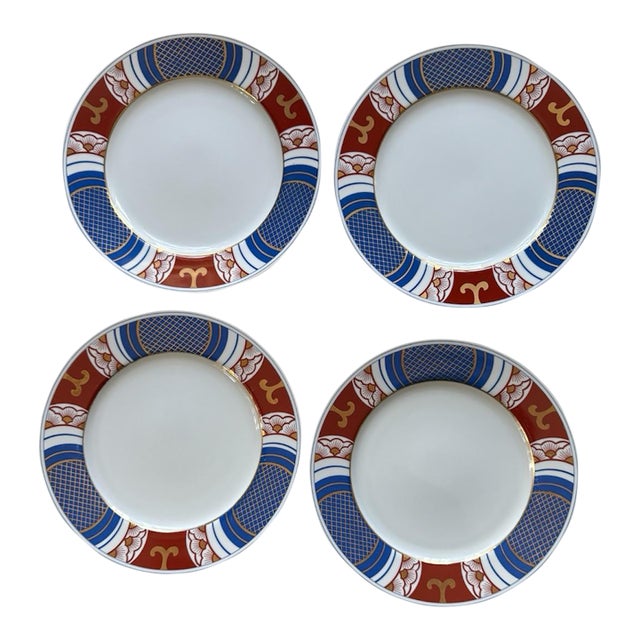 Vintage Fitz and Floyd 1975 Mishiki Plates 7.5 Inch Blue Oxblood Red Gold Vintage Japan - Set 4 Plates For Sale